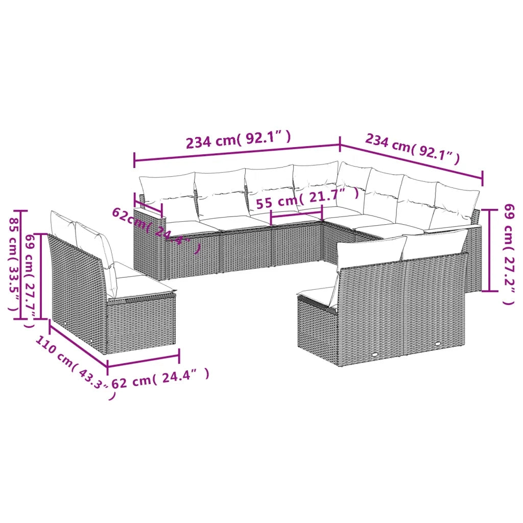 Set Divani da Giardino 11 pz con Cuscini in Polyrattan Grigio 3258490