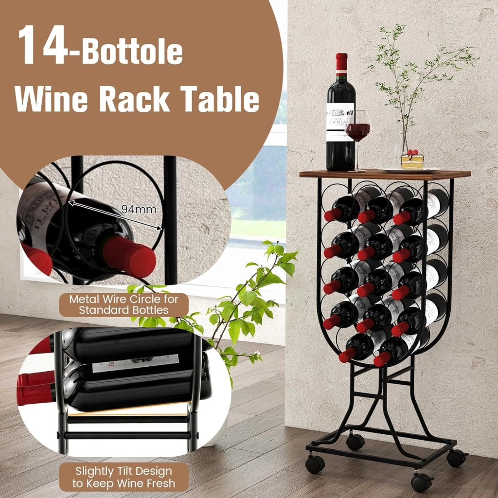 Portabottiglie per Vino per 14 Bottiglie con Ruote Bloccabili, Scaffale per Vino, Organizer per Bottiglie in Stile Rustico, per Bar, Cucina, Sala da Pranzo, 38 x 30 x 76 cm