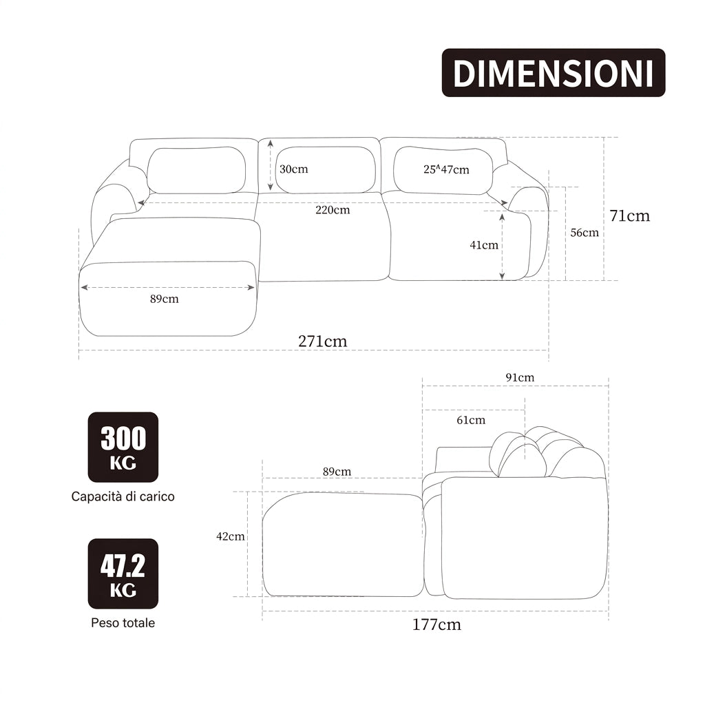 Divano modulare in ciniglia 3 posti 271x177x71 cm caramello