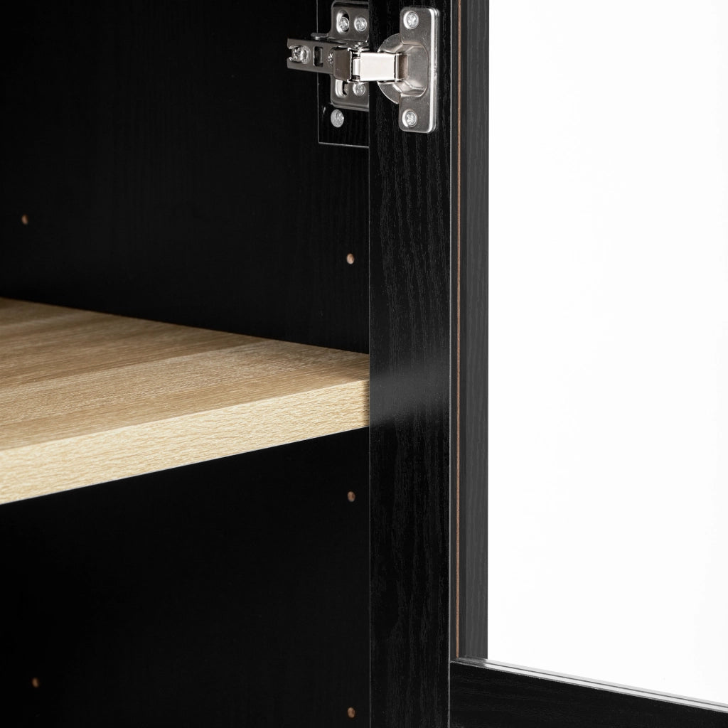 Credenza alta con 2 ante in vetro, 2 cassetti e 2 ripiani regolabili, per cucina, nero, 76.2 × 40.1 × 180 cm