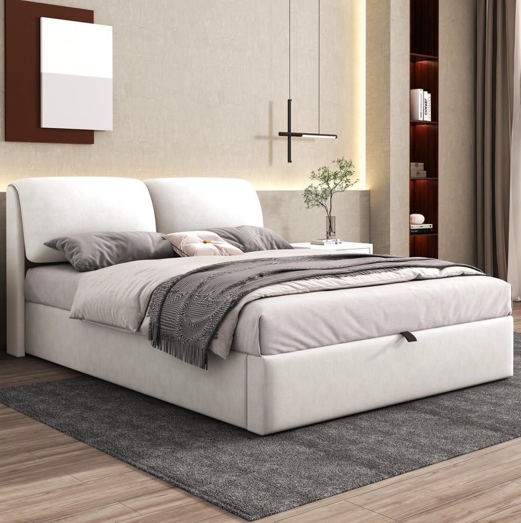 Letto imbottito 140x190 cm in velluto beige con contenitore; 3 cassetti e testiera regolabile