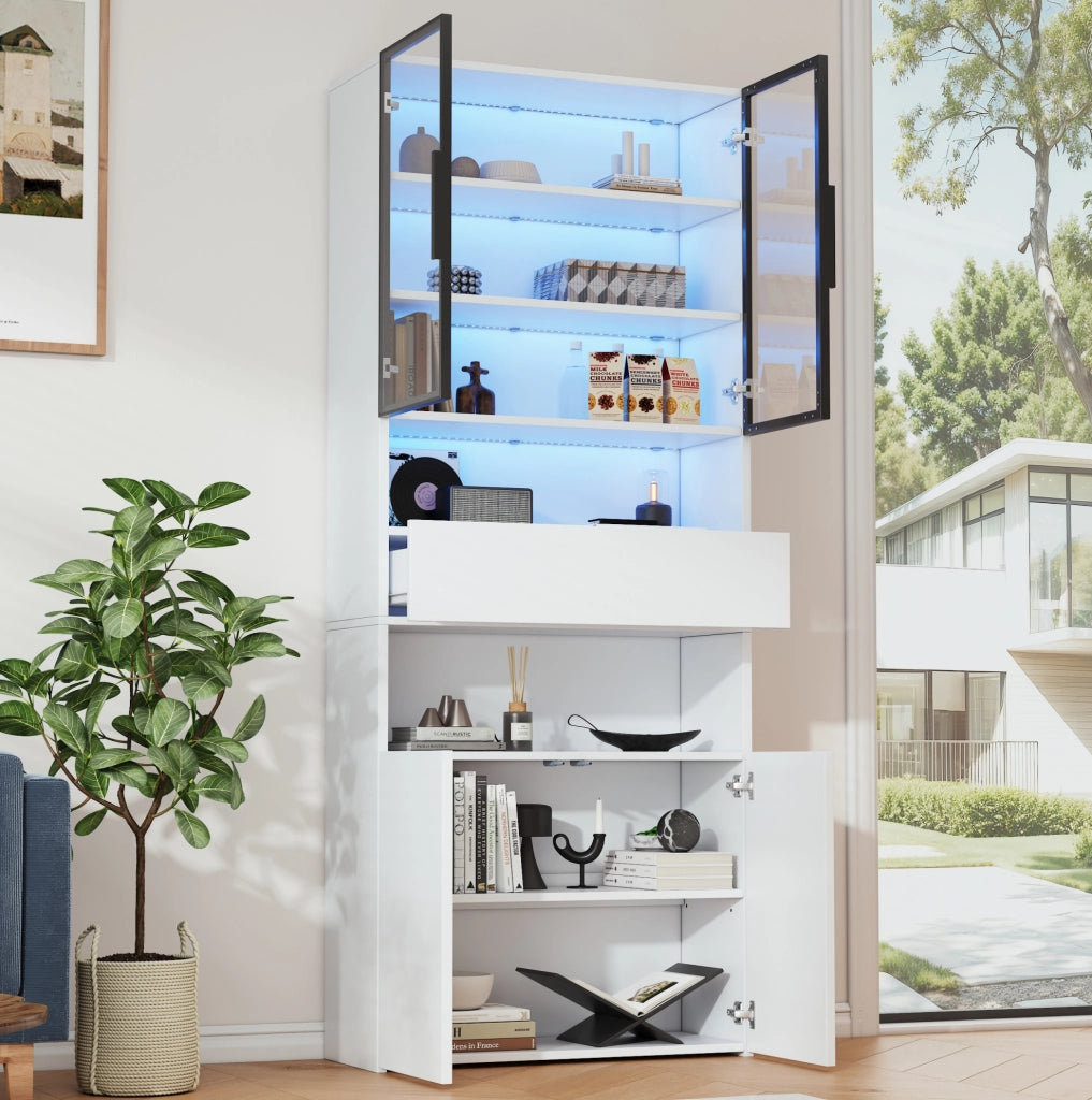 VETRINA 70x30x200 cm con LED, cassetto e ante in vetro bianca
