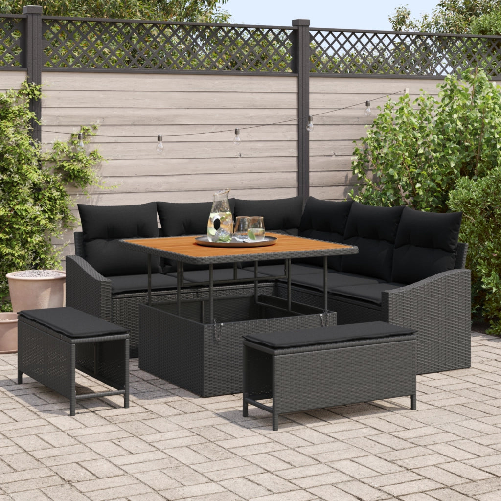 Set di Divano da Giardino 8 Pezzi con Cuscini Nero Rattan PE Acacia