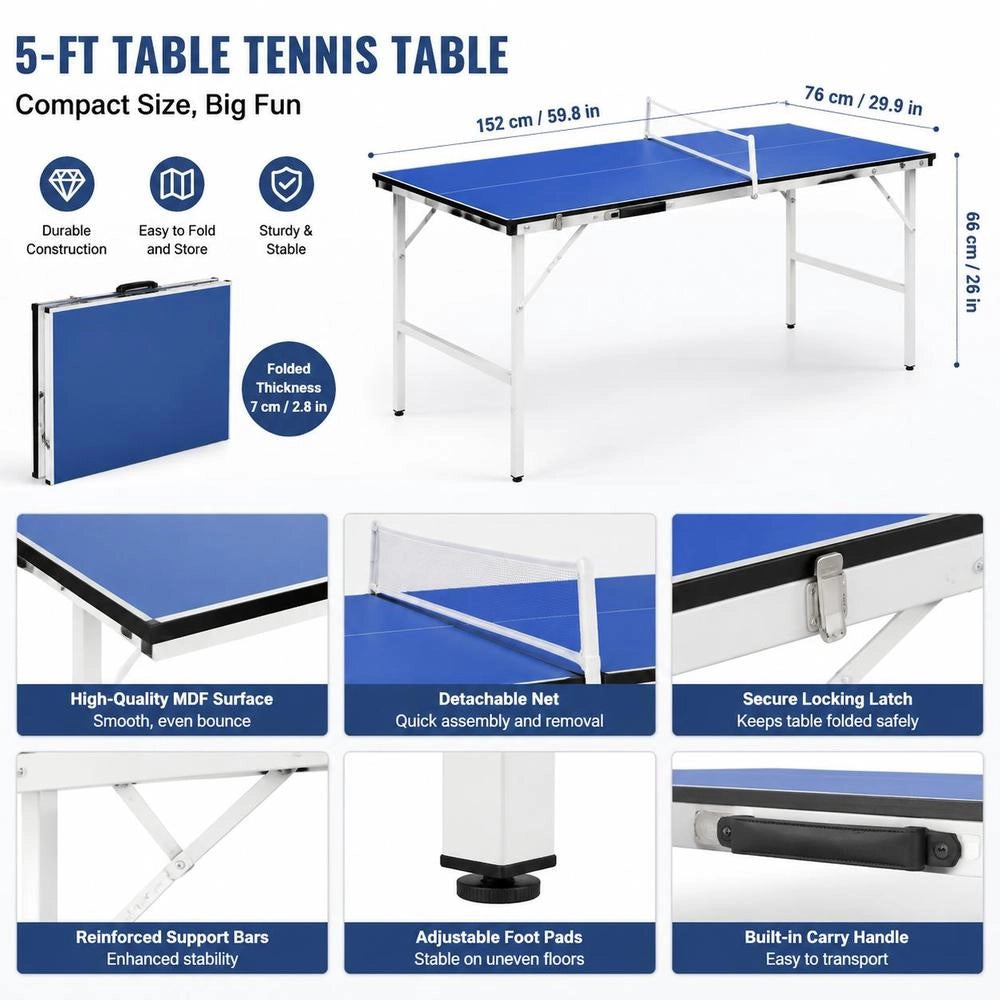 5-foot Ping-pong Table With Net, 152 X 76 X 66 Cm, Blue