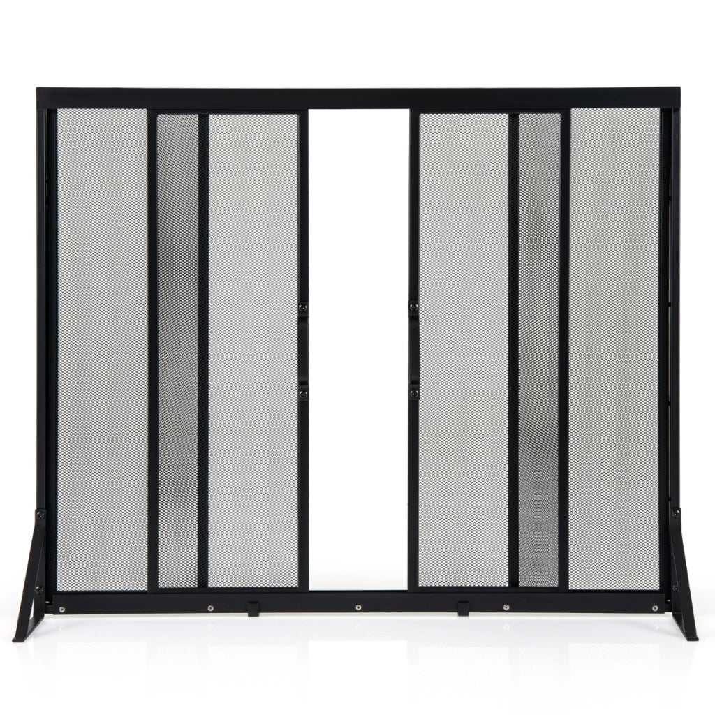 Protezione sicura da scintille con telaio di supporto a triangolo, Schermo per camino con porte scorrevoli 96 x 79 cm Nero