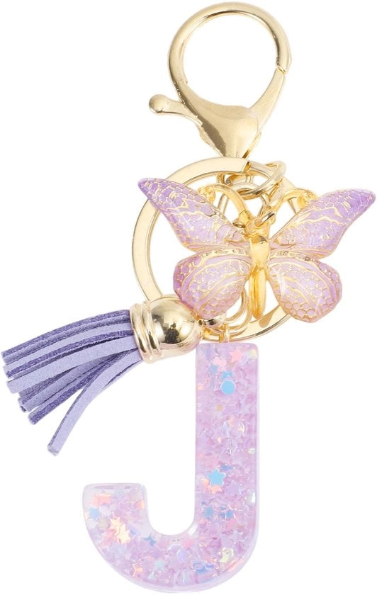 Sostegno per chiavi con lettera J - Farfalla - Regalo per donne - Blu - Resina ecologica - Lunghezza complessiva 9,3 cm