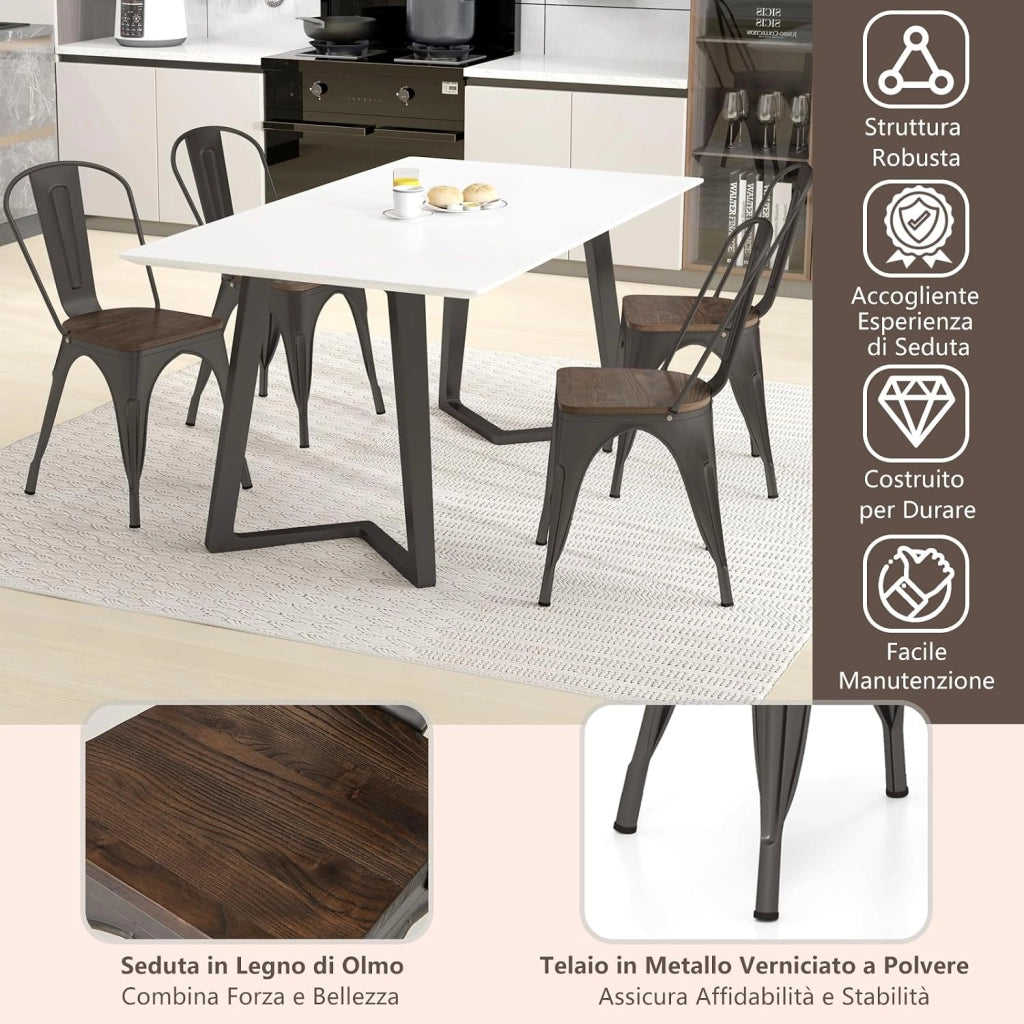Set di 4 Sedie da Pranzo Impilabili 53 x 44,5 x84 cm, Sedie da Bar con Schienale Alto, Struttura in Legno e Acciaio, Ideale per Balcone, Cortile e Ristorante (Bronzo)