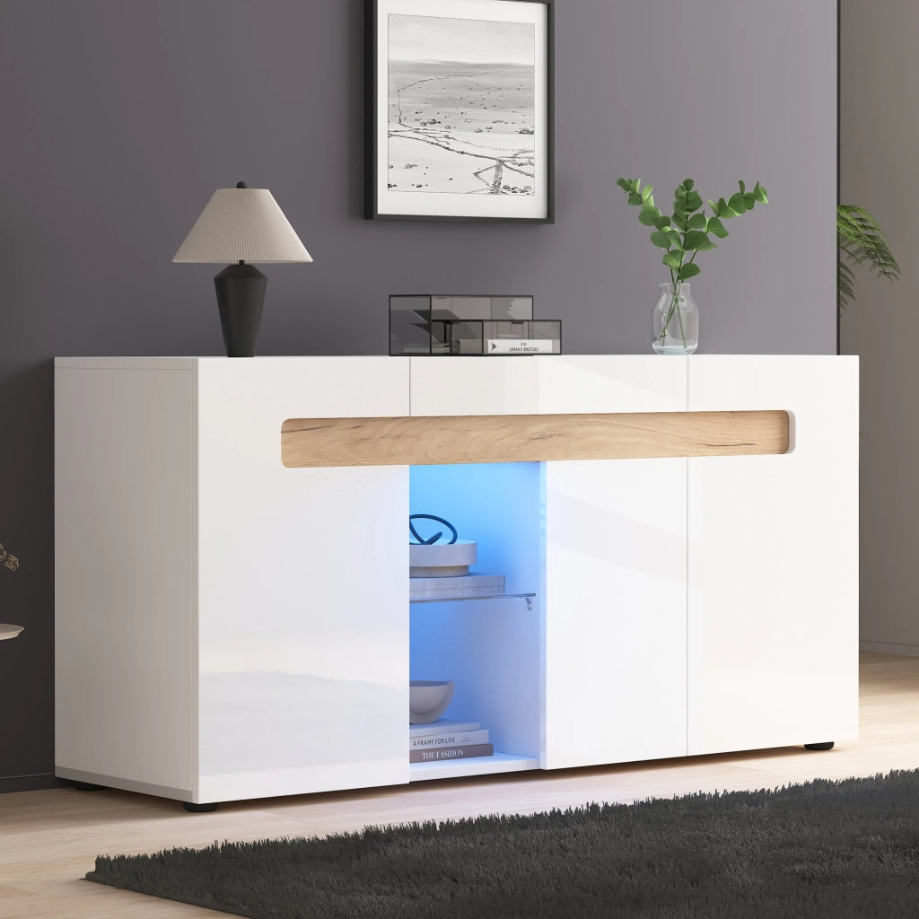 Credenza con 3 Ante; 1 Vano semiaperto e LED per Soggiorno in Pannello truciolare 140 × 40 × 70 cm Bianco