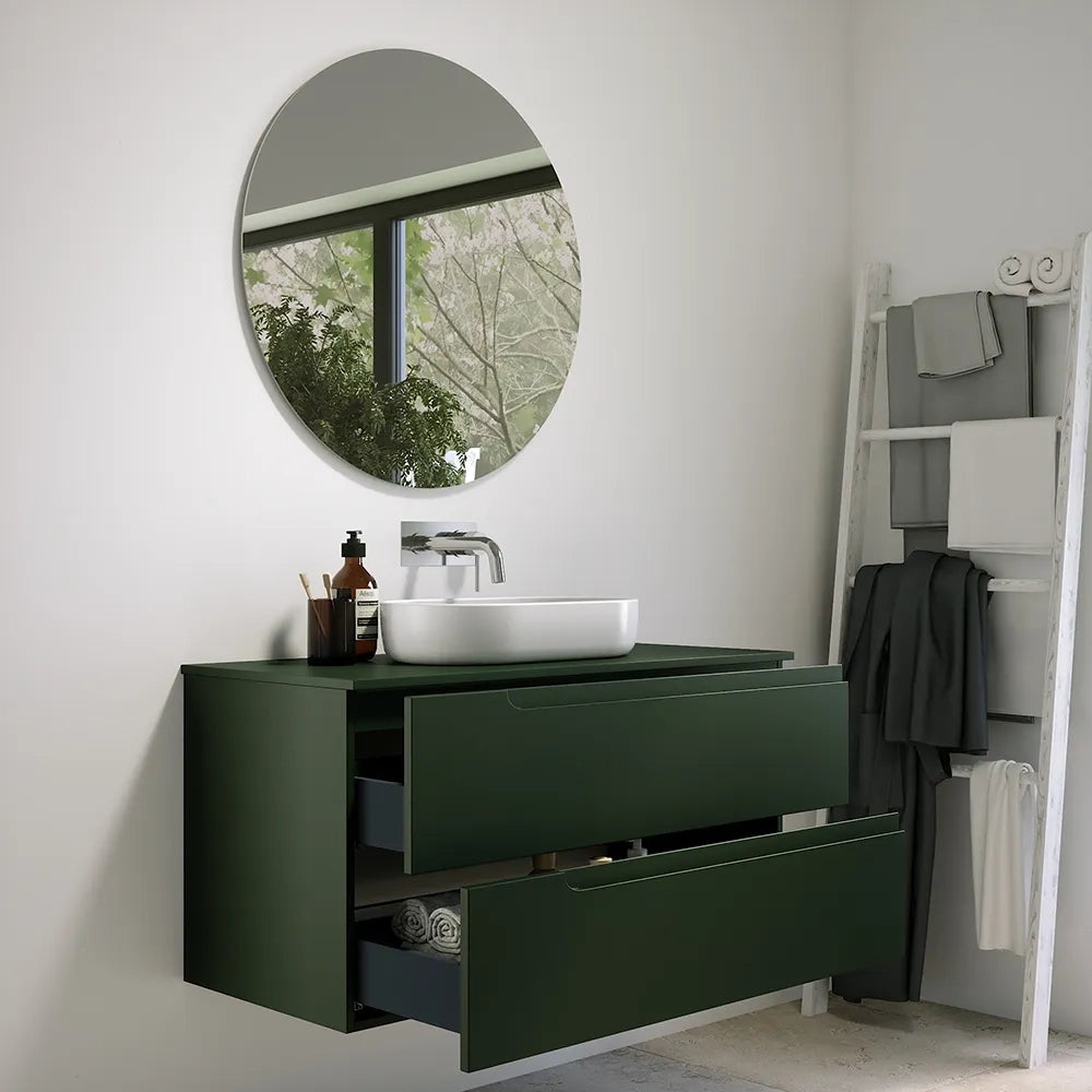 Mobile bagno sospeso 100 cm due cassetti verde foresta opaco con top | Ardenne