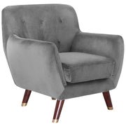 Poltrona in velluto grigio con gambe in legno con schienale capitonnè