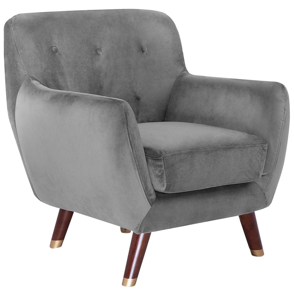 Poltrona in velluto grigio con gambe in legno con schienale capitonnè