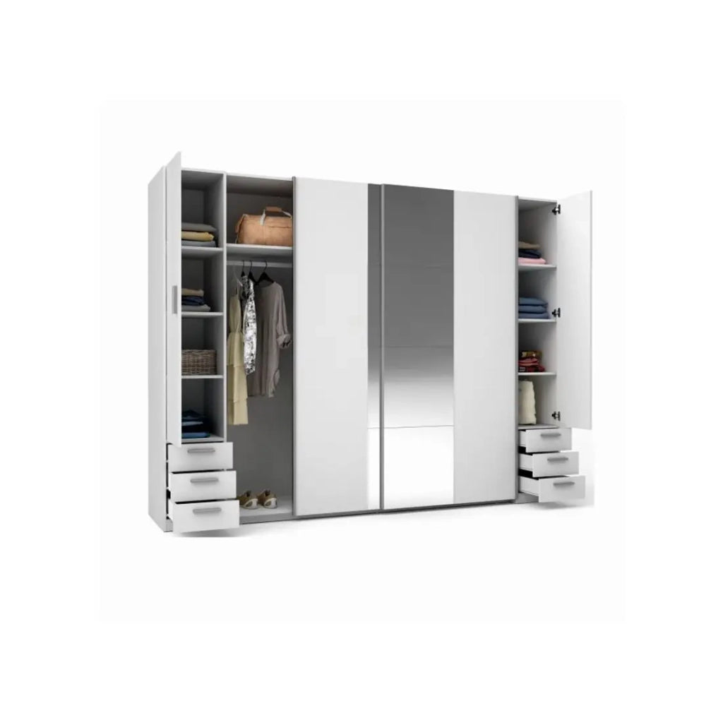 Armadio 4 porte con specchio e 6 cassetti – STAR – Bianco – L264 cm