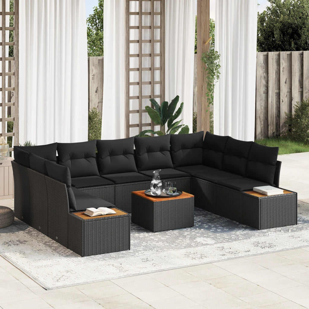 Set di Divano da Giardino da 10 Pezzi con Cuscini Nero Polyrattan Acacia