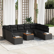 Set di Divano da Giardino da 10 Pezzi con Cuscini Nero Polyrattan Acacia
