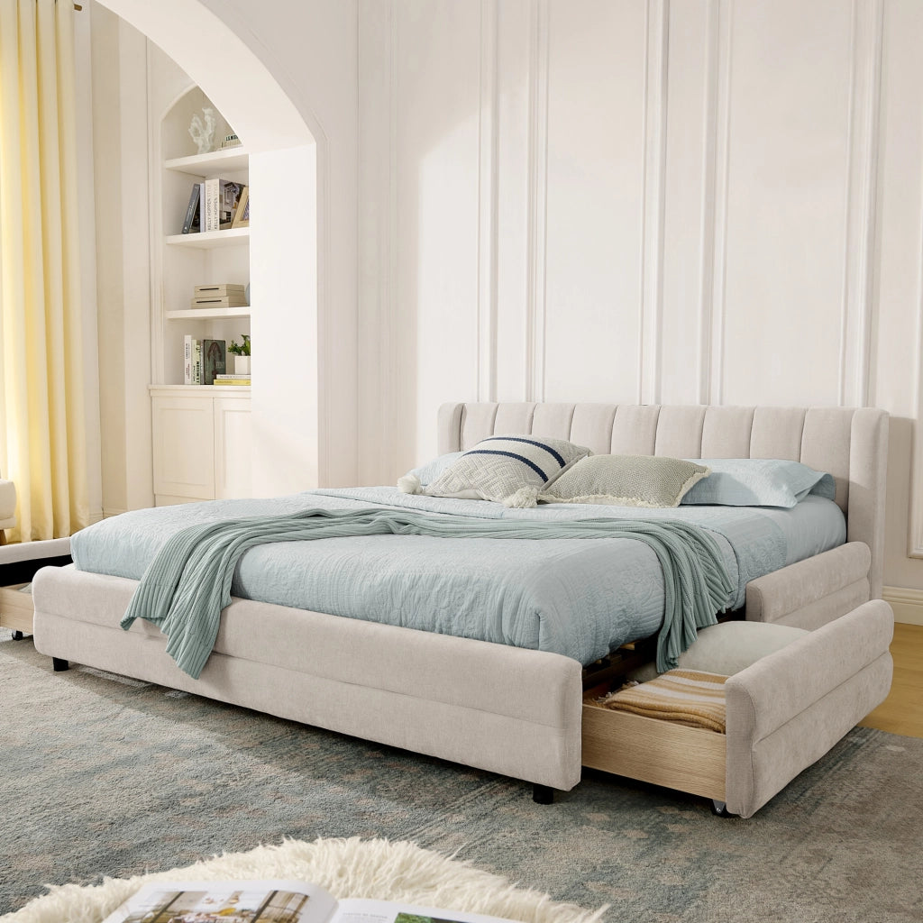 Letto con Cassetti 140x200 cm - 4 Cassetti; USB e Porta di Ricarica di Tipo C - Beige