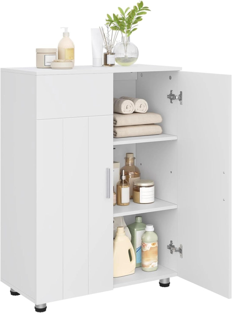 Armadietto da Bagno con Ripiani Regolabili, Mobiletto Multiuso con 3 Scomparti, Maniglie e Ante, Organizzatore per Cucina, Ingresso, Soggiorno, in MDF e Metallo, Bianco