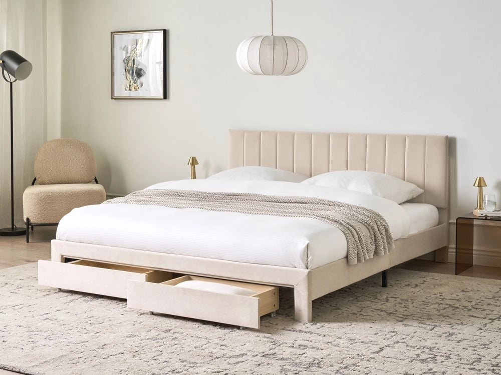 Letto matrimoniale 180 x 200 cm Beige Rivestimento in velluto 4ft con cassetti Testiera Base a doghe Moderno