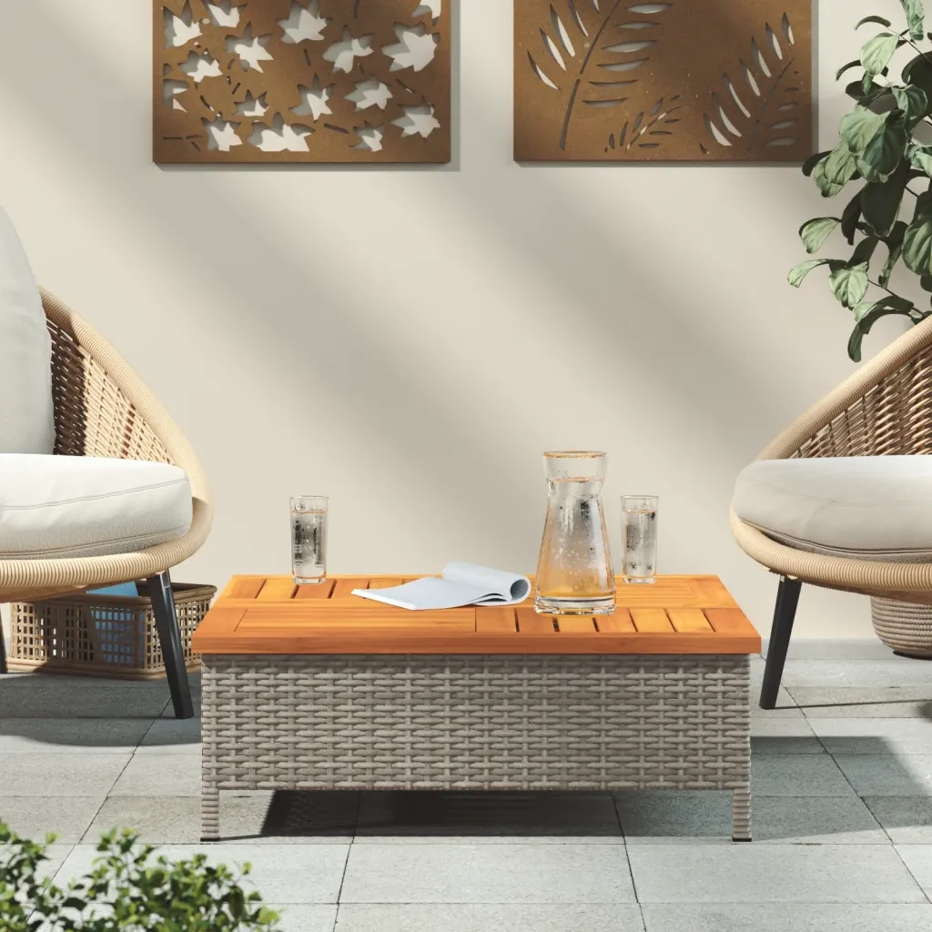 Tavolo da Giardino | Tavolino da esterno Grigio 70x70x25cm Rattan e Legno di Acacia