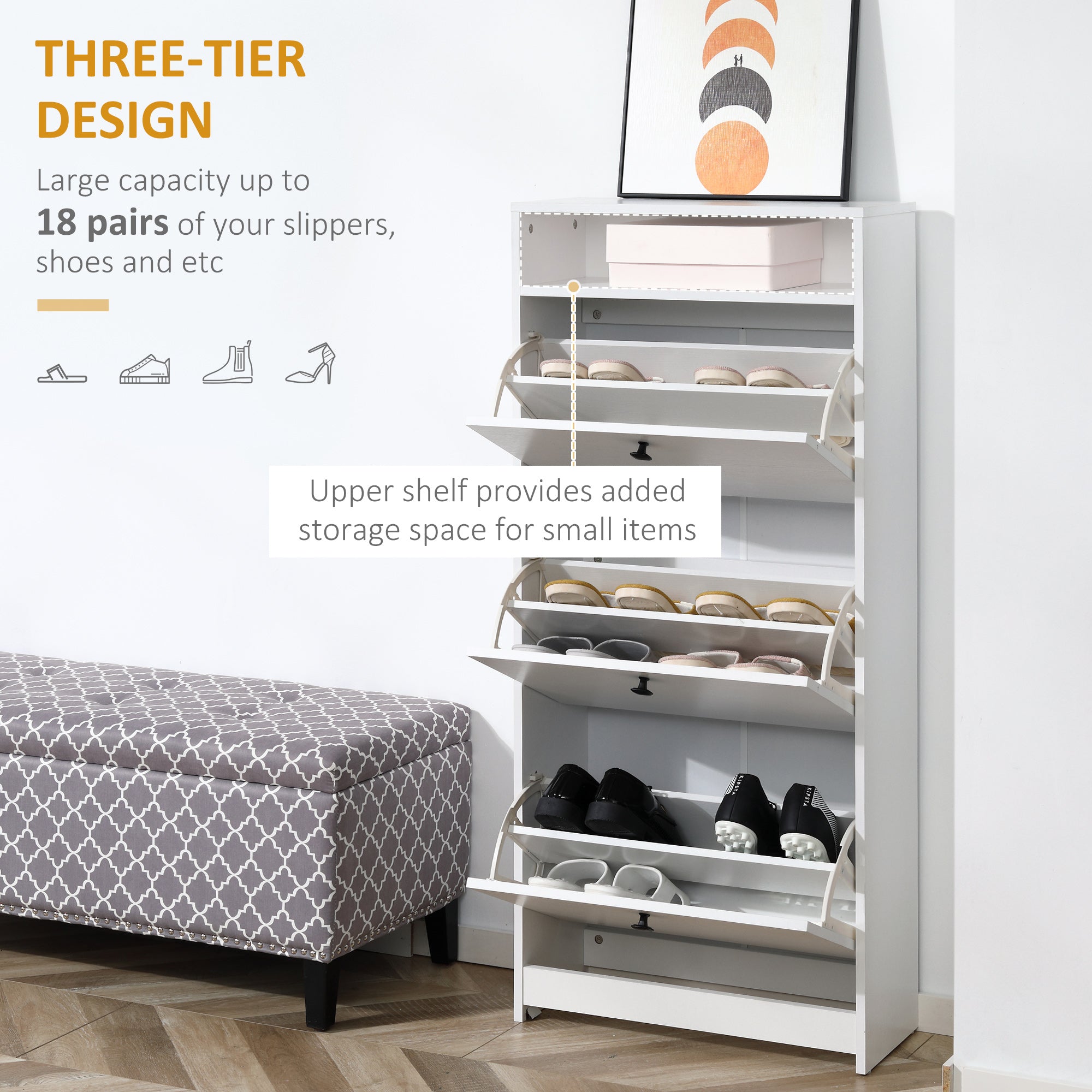 Scarpiera 3 Scomparti in Legno Bianco 60x24x132 cm