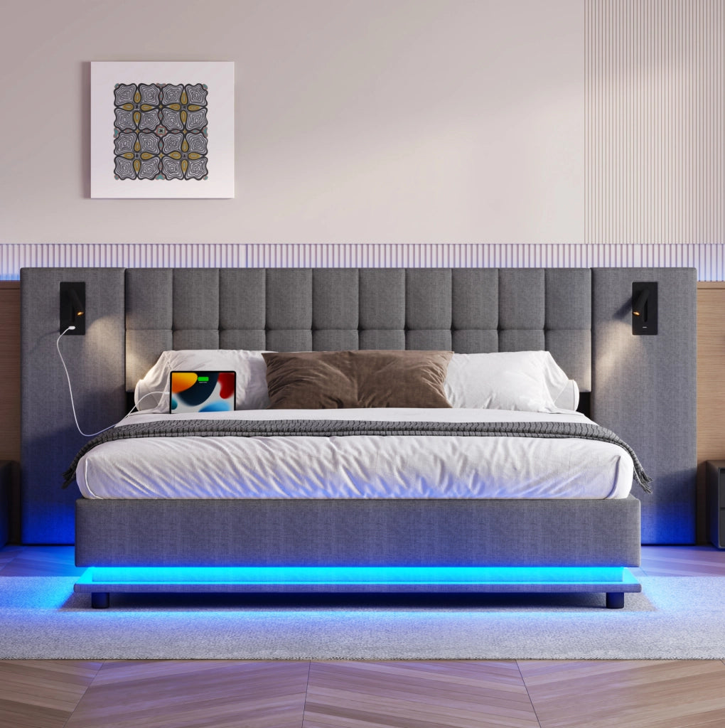 Letto imbottito con LED, USB e luce spot, 180 x 200 cm, grigio