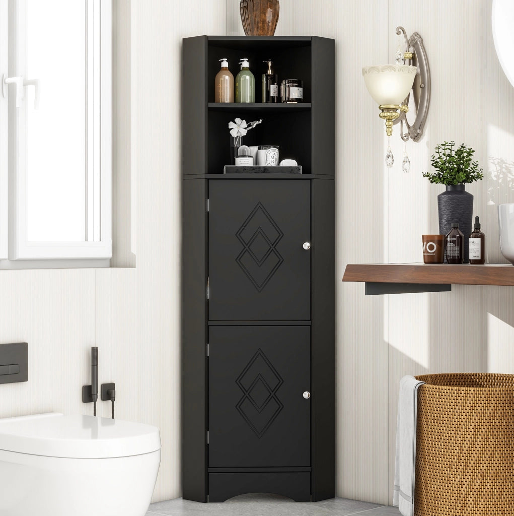Mobile angolare da bagno con vano aperto e ante decorate; nero in truciolare