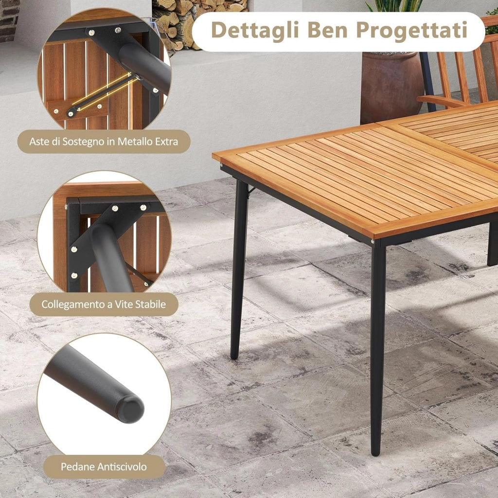 Tavolo da Pranzo a 8 Posti, Tavolo da Giardino 200 cm in Legno di Acacia, con Foro per Ombrellone da 5 cm, Gambe in Metallo, per Giardino, Cortile, Portata 75 kg (Modello 5)