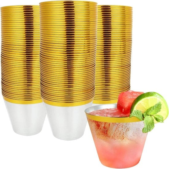 Bicchieri di plastica trasparenti riciclabili con bordo dorato - 270 ml - bicchieri di plastica eleganti per festa, compleanno, matrimonio, campeggio - 100 pezzi