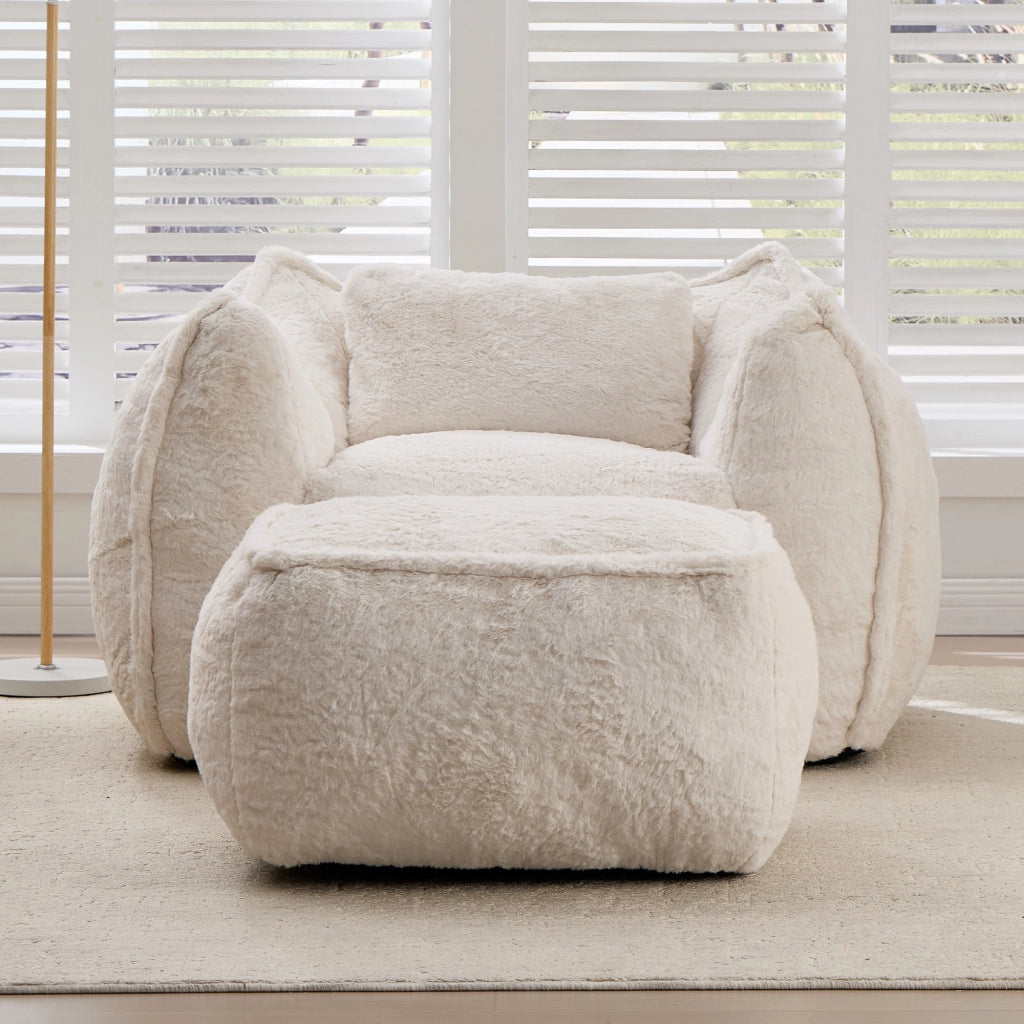Poltrona Sacco Gigante con Pouf e Cuscino ¨C Xylo ¨C Tessuto Pelliccia Sintetica Beige