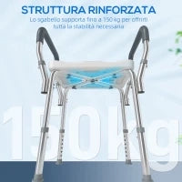 Sgabello per Doccia Regolabile con Braccioli e Fori di Drenaggio, in Alluminio, HDPE e EVA, 52x45x57-69 cm