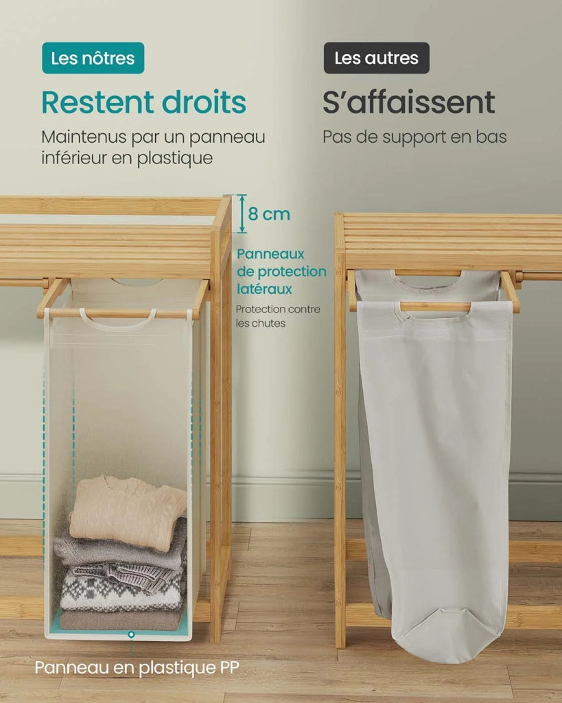 Cesto portabiancheria con 3 scomparti cesto portabiancheria in bambù capacità 150 litri con ripiano e tasche laterali (3 x 50 litri) 94 x 33 x 78 cm beige 12_0006669