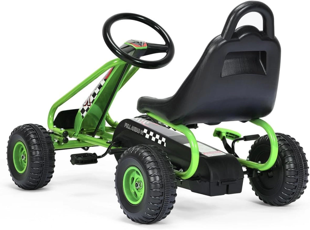 Go Kart a Pedali per Bambini, Macchina per Bambini con Sedili Regolabili in 2 Posizioni e 4 Ruote Antisdrucciolo, Trazione Anteriore e Posteriore, Carico 30 kg, per Bambini di 3 Anni + (Verde)