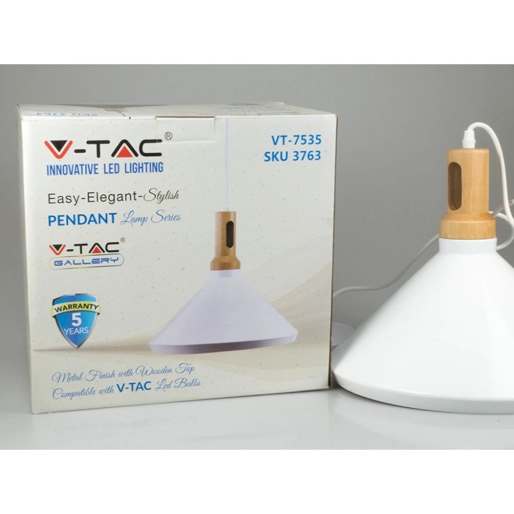 Trade Shop - Lampadario Pendente Lampada A Sospensione Parabola Bianca Base In Legno Vt-7535 -