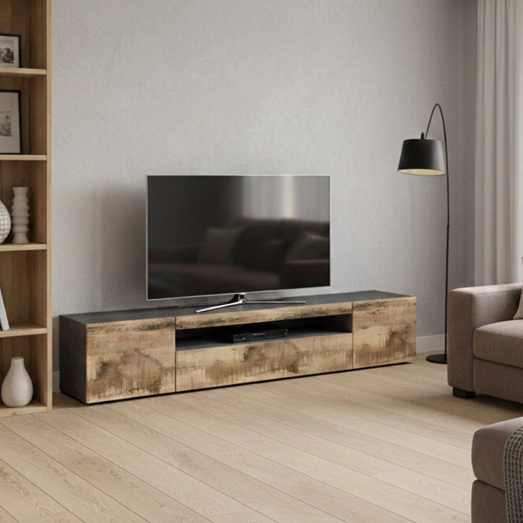 Mobile da soggiorno Porta Artropodi, Made in Italy, Credenza per Artropodi in stile industrial a 3 ante, cm 200x40h37, Ardesia e Acero, con luce LED blu