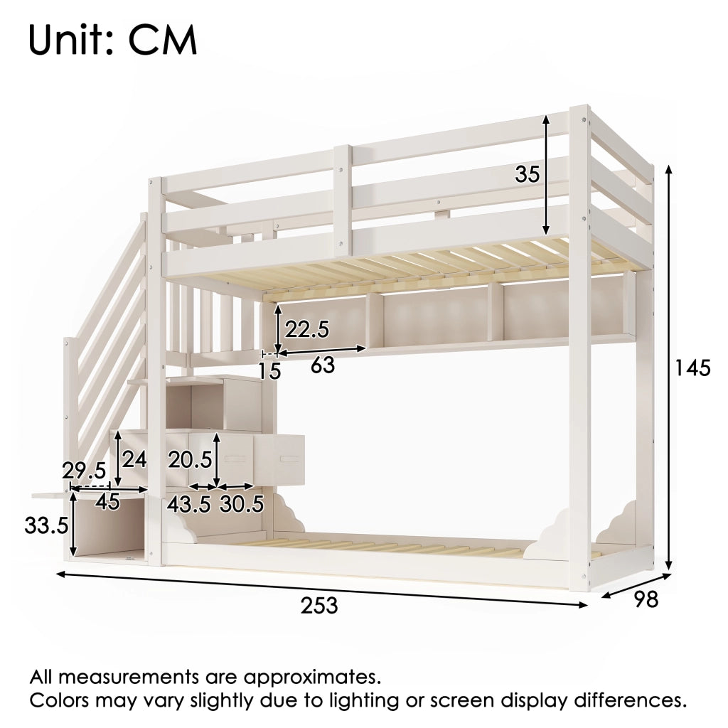 LETTO a castello 90x200 cm in legno bianco con armadio scala e contenitori