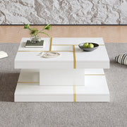 TAVOLINO Quadrato a 2 Livelli 80x80x38 cm Bianco con dettagli metallici dorati