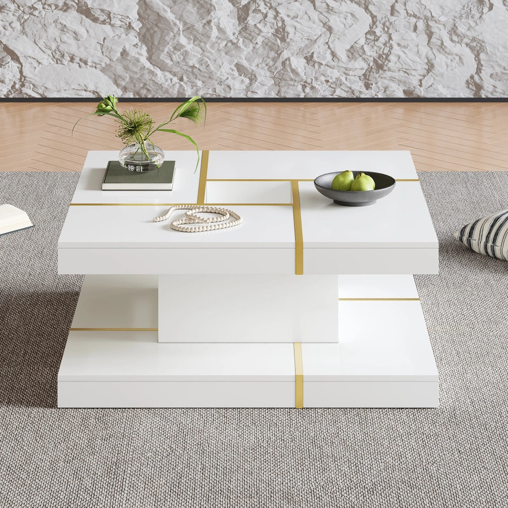 TAVOLINO Quadrato a 2 Livelli 80x80x38 cm Bianco con dettagli metallici dorati