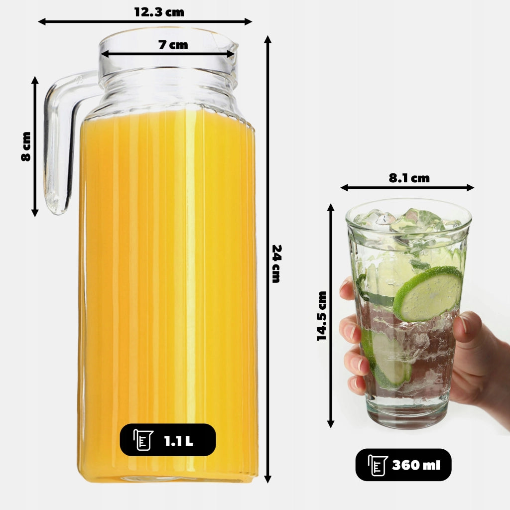Caraffa in vetro KADAX per bevande da 1,1 l + 6 bicchieri da 360 ml per succhi di frutta