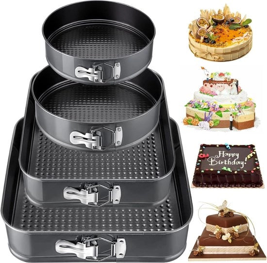 Set di 4 forme per torta, forma rotonda 16/20 cm e quadrata 22/26 cm, acciaio inossidabile, teglia per torta con superficie antiaderente, rotonda, rettangolare con fondo rimovibile, grigio