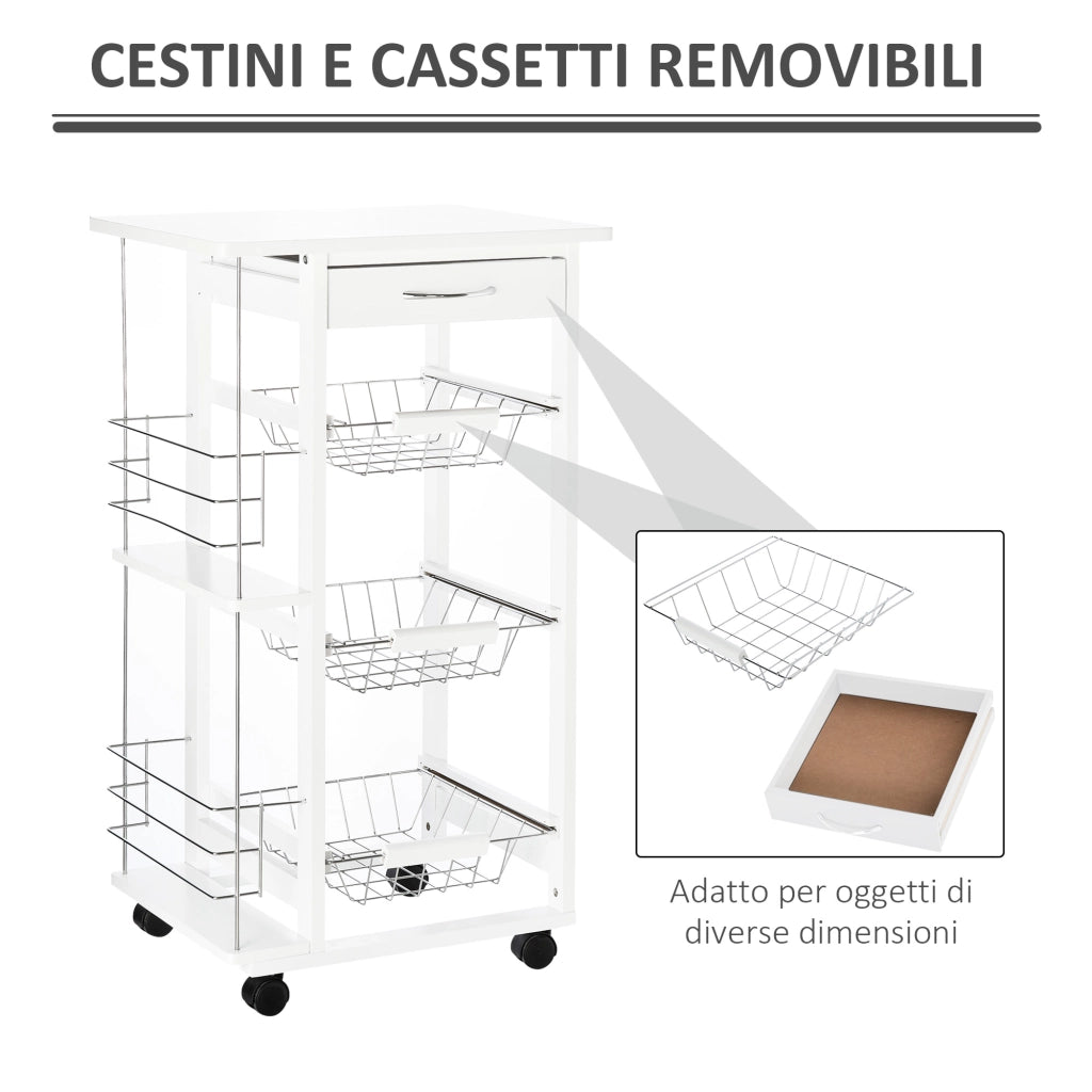 Carrello da Cucina ¨C ZephMum ¨C Legno Pino, Bianco, 4 Ruote