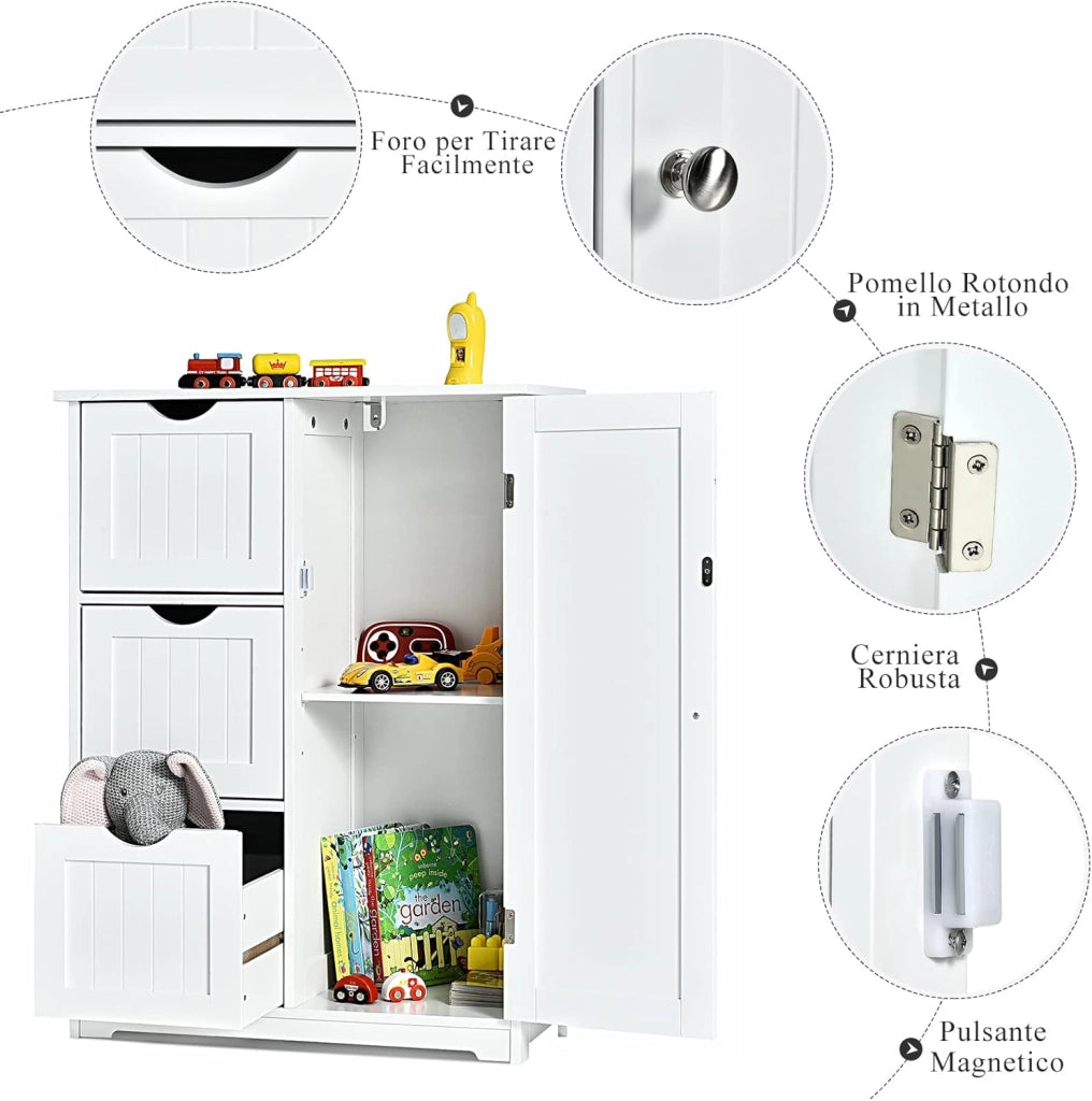 Mobile da Bagno, Mobile da Terra con 3 Cassetti e Anta, Ripiano Regolabile, per Bagno, Camera da Letto, Salotto, Cucina, 60x 30x 81cm (Bianco)