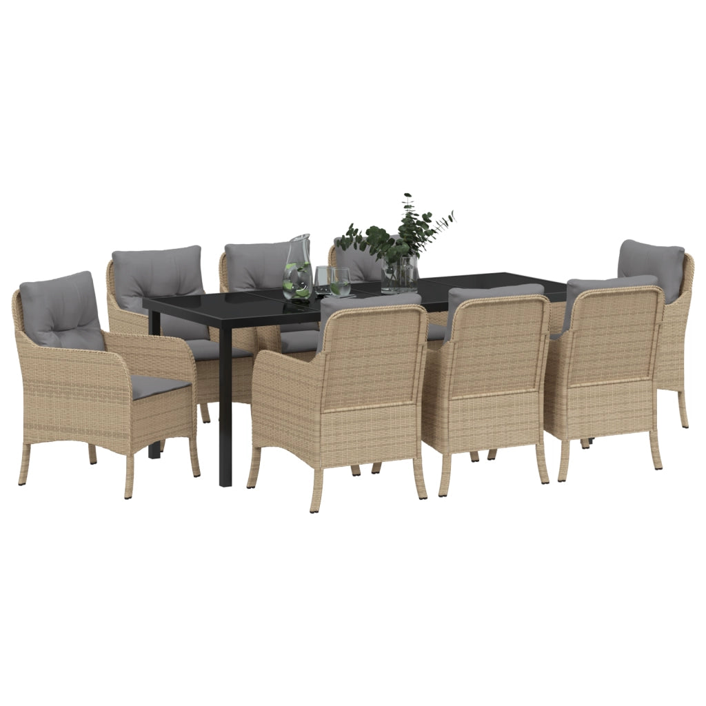 Set di Pranzo da Giardino 9 Pezzi con Cuscini Beige Polyrattan