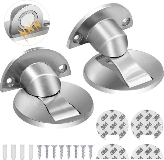 Set di 2 Stopper magnetici - Inossidabile, Autoadesivo, Montaggio pavimentale - Argento e Invisibile
