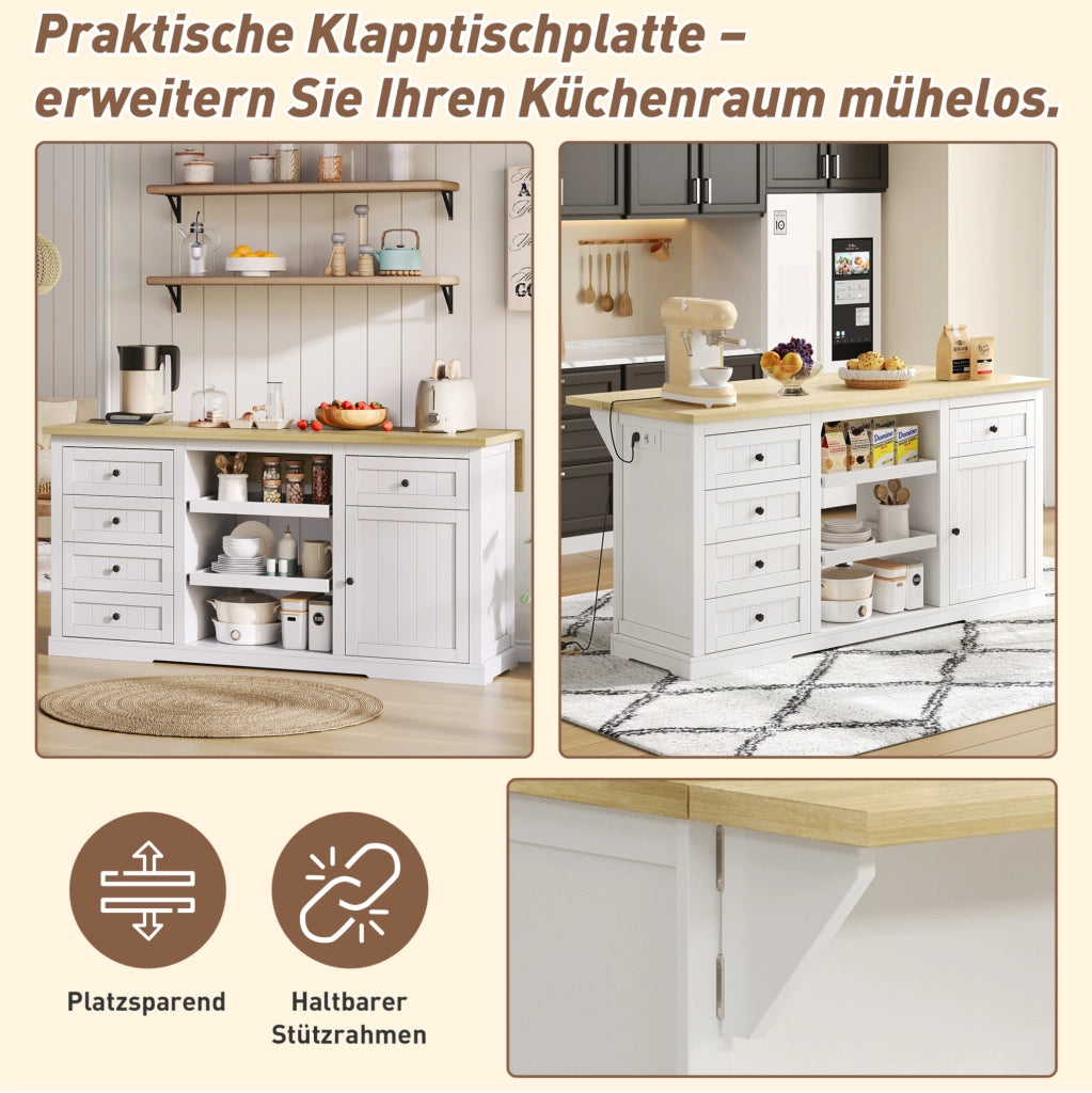 Isola da cucina con piano pieghevole, prese USB, 150x65x75,5 cm