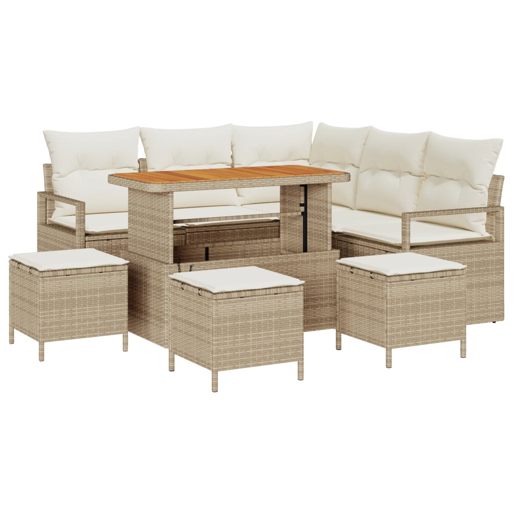 Set Divano da Giardino 9 Pezzi con Cuscini Beige Polyrattan Acacia