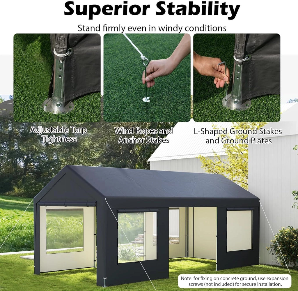 Tenda Garage Auto Esterno 300 X 595 X 280 CM, Tettoia per Auto con Telaio in Metallo e Copertura in PE Resistente alle Intemperie, Capanno da Giardino per Vehicolo, Biciclette, Moto, Attrezzi