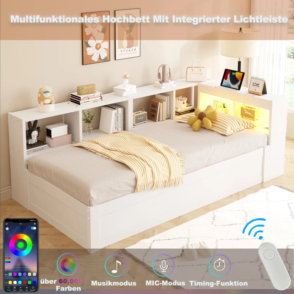 DESMIU Lit semplice 90 × 200 cm 1 posto con presa multifunzione, LED e vani portaoggetti, senza materasso, in MDF, bianco