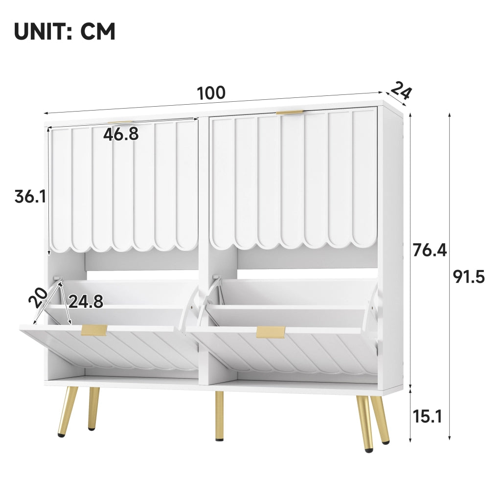 Scarpiera con 4 ante e vani regolabili, design moderno con frontali ondulati, per ingresso, bianco, 100 × 24 × 91.5 cm