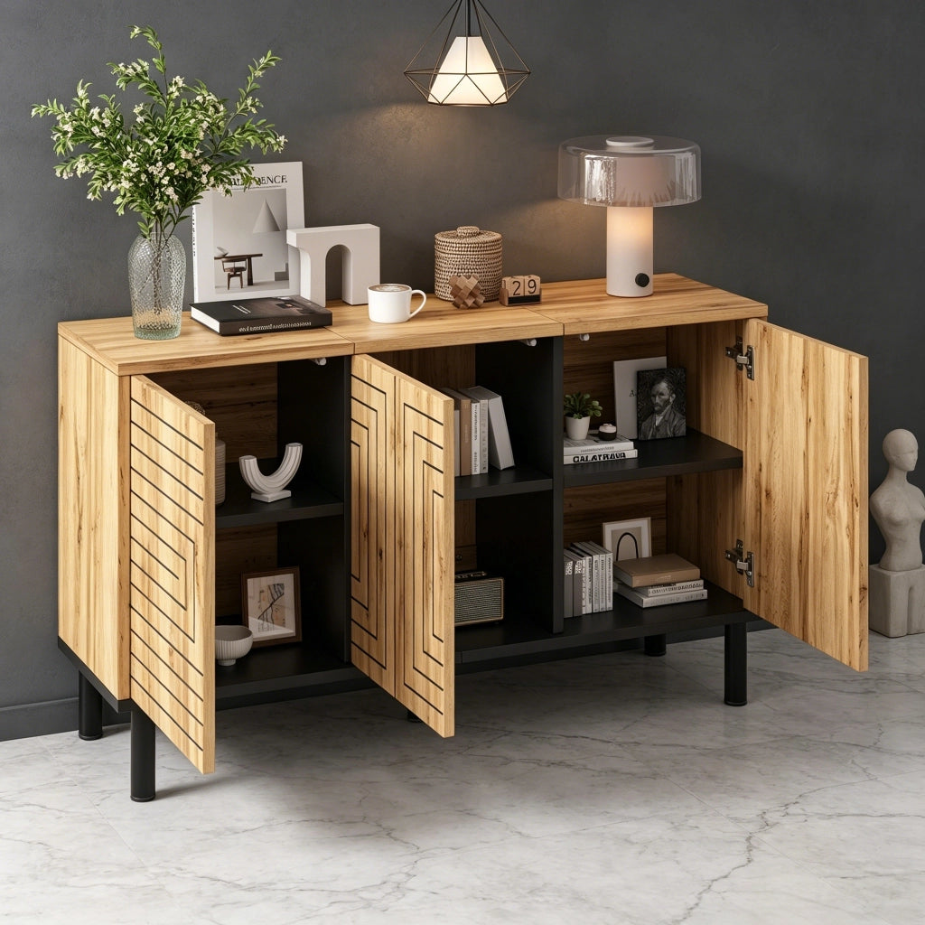 Credenza con 3 ante e 6 vani, apertura push-open, motivo a onde, per soggiorno e sala da pranzo, 120 × 35 × 68 cm