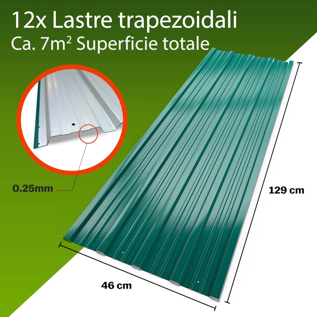 12x Lamiere Zincate Profilate 129cm x 46cm = 7m² Lastre Trapezoidali Pannelli Copertura in Metallo Tetto Tettoia Lamiera Grecata Onduline Verde