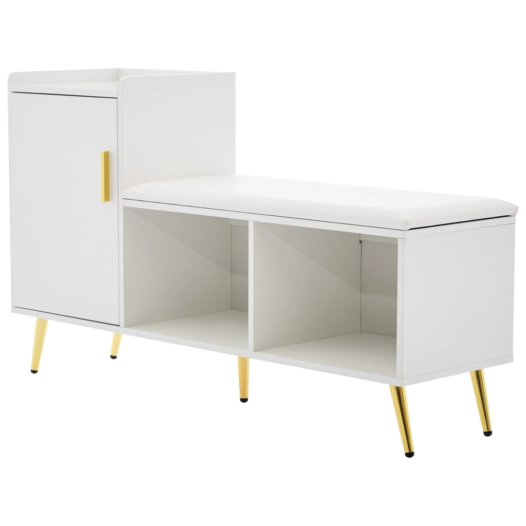 Scarpiera con panca e 3 ripiani regolabili con ante e vano aperto; per ingresso; bianco lucido; 120×35×71.5 cm